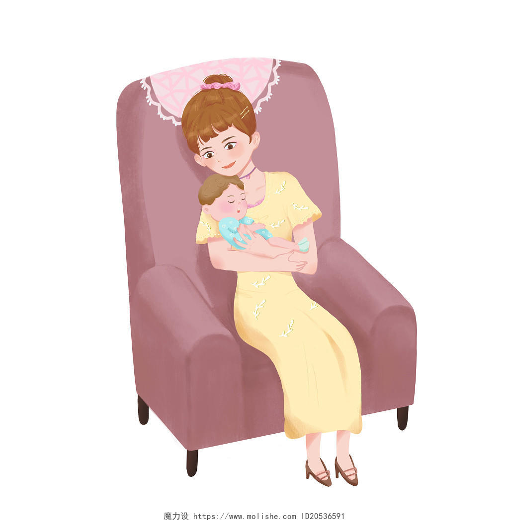 母亲哄婴儿睡觉儿童插画卡通人物PNG素材母婴